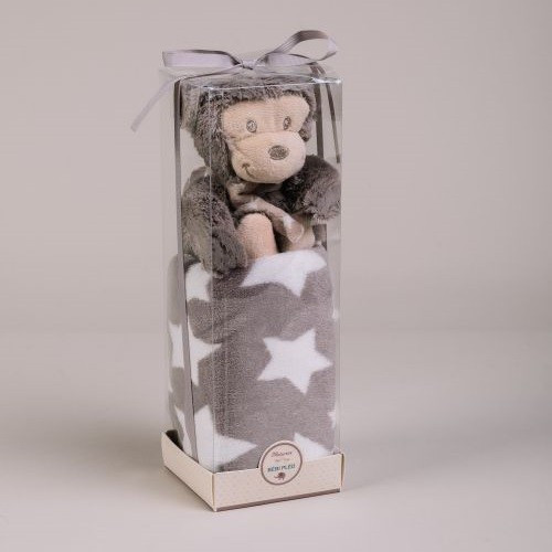 Păturică bebeluș 75x100 cm PVC în cutie cu  maimuță gri