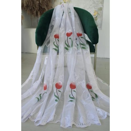  Perdea gata făcută Aurora alb model lalele roșii 300x180cm