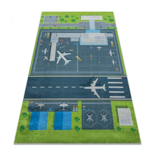 Kab. BAMBINO 46990 covor lavabil Aeroport, avioane pentru copii antiderapant - verde / gri 160x220 cm