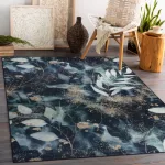ANDRE 1336 covor lavabil, Frunze, antiderapant, - negru / turcoaz 120x170 cm