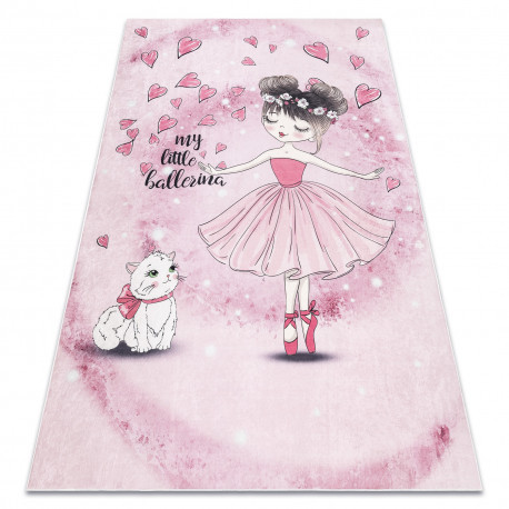 BAMBINO 2185 covor lavabil pentru copii,antiderapant - roz  cu balerină și pisic  80x150 cm