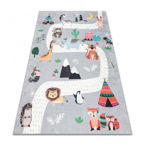 BAMBINO 2160 covor lavabil  pentru copii, antiderapant - gri  cu animale, Indian 120x170 cm