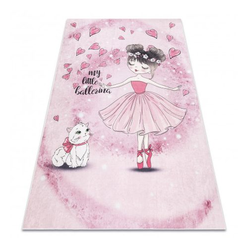 BAMBINO 2185 covor lavabil pentru copii,antiderapant - roz  cu balerină și pisic  140x190 cm