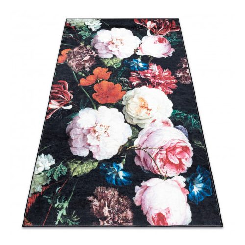 ANDRE 1629 covor lavabil flori vintage antiderapant - negru / bej 80x150 cm