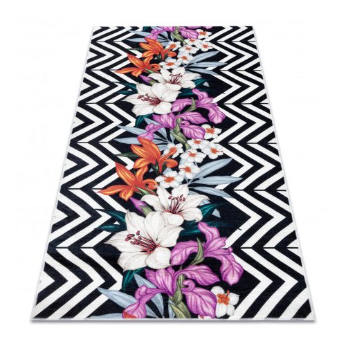 ANDRE 2300 covor lavabil cu flori, antiderapant -  negru / alb 80x150 cm